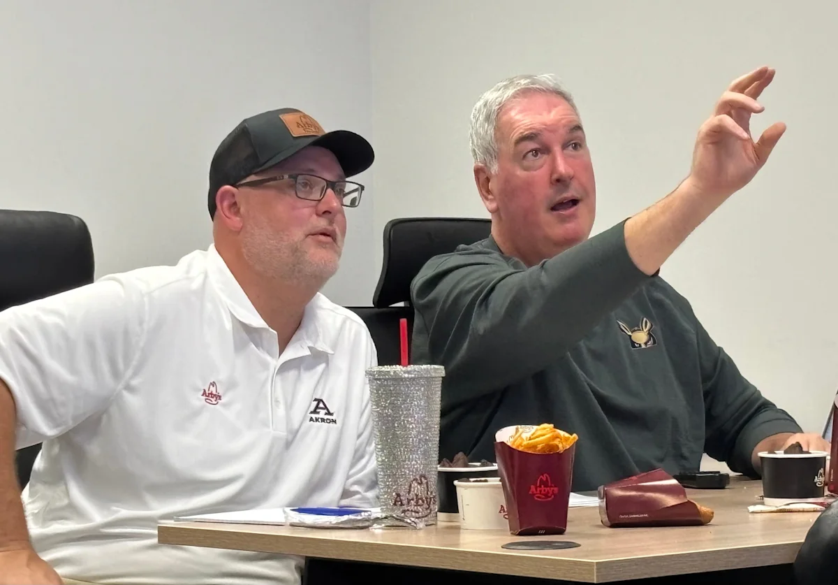 Akron ‘Offensive Coordinator of Game’ meets with Zips coach. Game day next